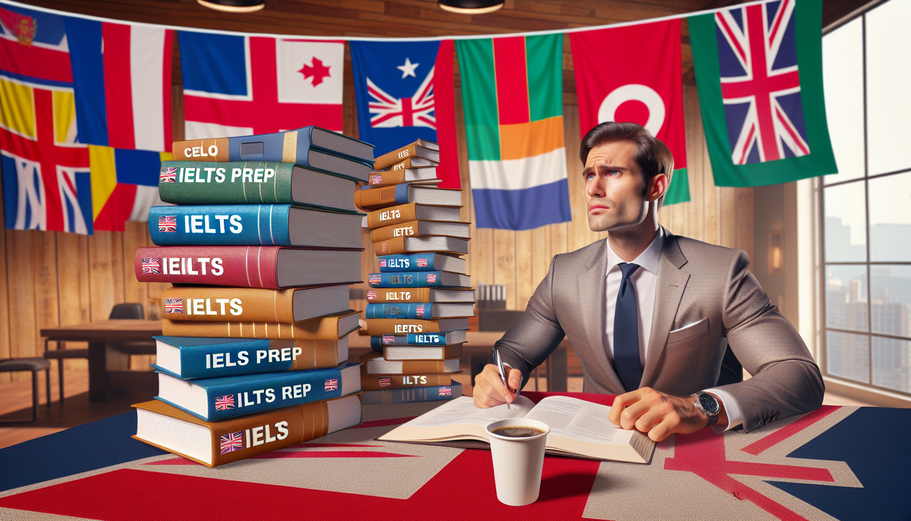 A CEO surrounded by IELTS preparation material, humorously determined to conquer English.