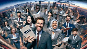 Businesspeople in an international city holding IELTS books with a humorous touch.